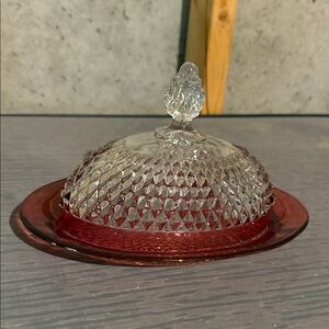 Crystal Butter Dish with Red Accents
